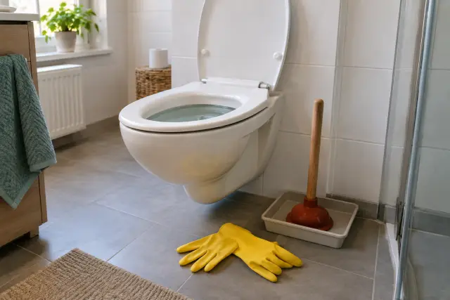 Toilette mit erhöhtem Wasserstand und bereitstehender Saugglocke in einem gepflegten Badezimmer